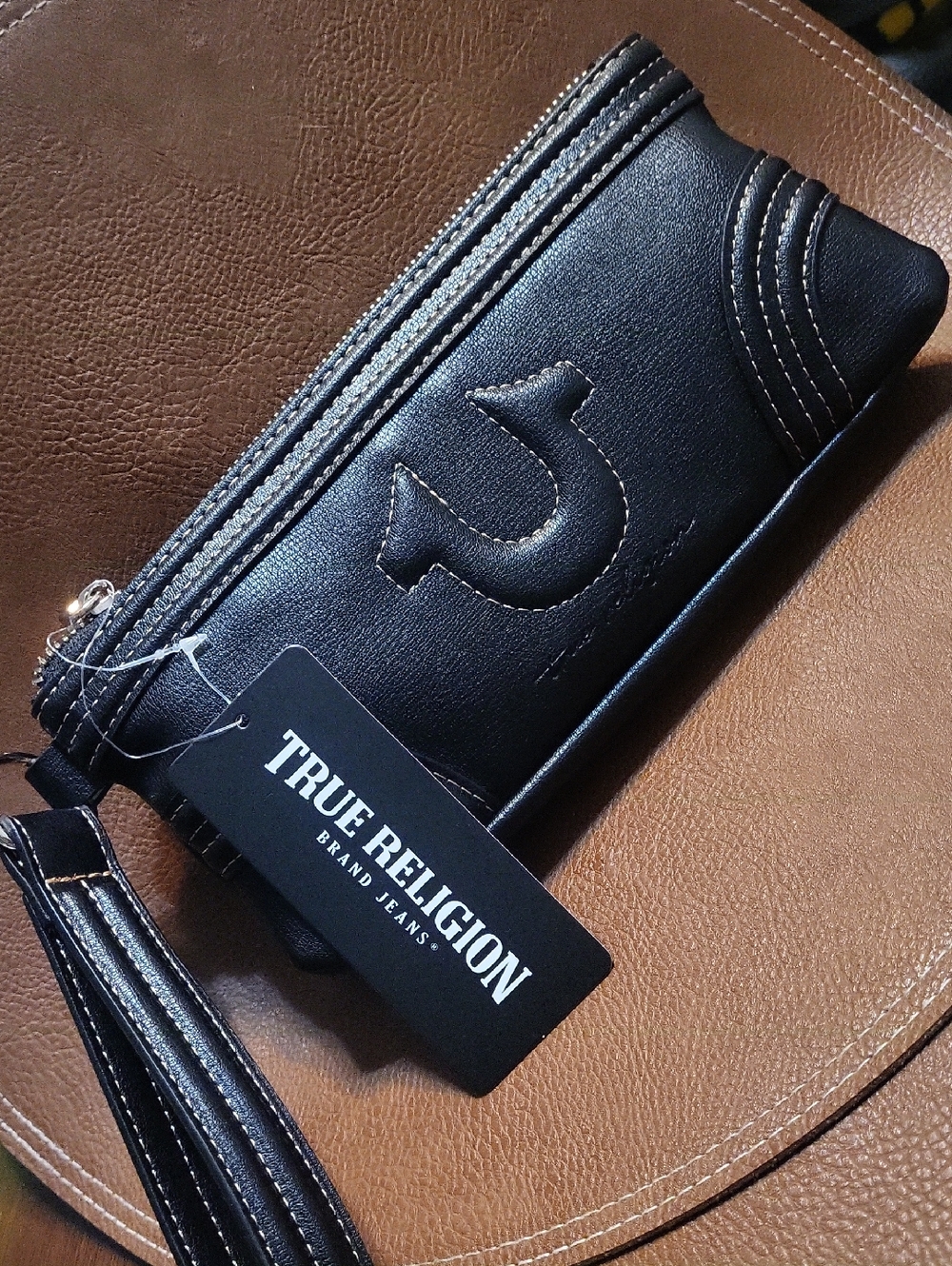 True Religion Black Leather Wristlet Clutch with Embossed Logo